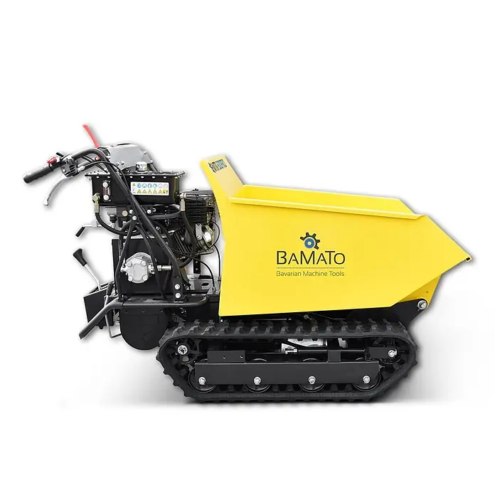 Bamato Kettendumper MTR-500PRO mit Kipphydraulik - Motorbetrieben, Fassungsvermögen: 215 l, Traglast: 500 kg - Gelbe Raupendumper mit schwarzem Motor und Gummiketten, für Materialtransport.