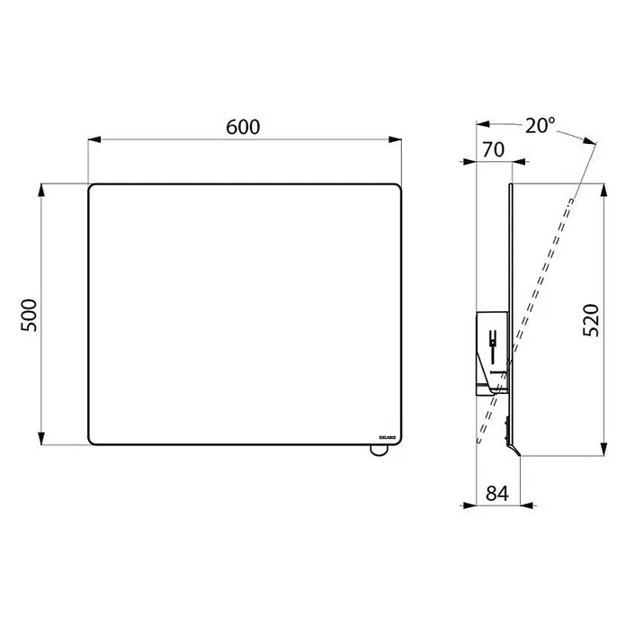 Delabie Klappspiegel Delabie Kippspiegel 600x500 mm, Griff Seidenglanz - 57,5 x 10,5 cm - Technische Zeichnung eines rechteckigen Wandpaneels, 600x500x84mm, mit 20 Grad Neigung für optimale Funktion.