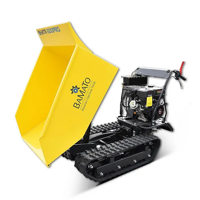 Bamato Kettendumper MTR-500PRO mit Kipphydraulik - Motorbetrieben, Fassungsvermögen: 215 l, Traglast: 500 kg - Gelber Kettenminidumper BAMATO MTR-500PRO mit schwarzem Motor und Kettenlaufwerk.
