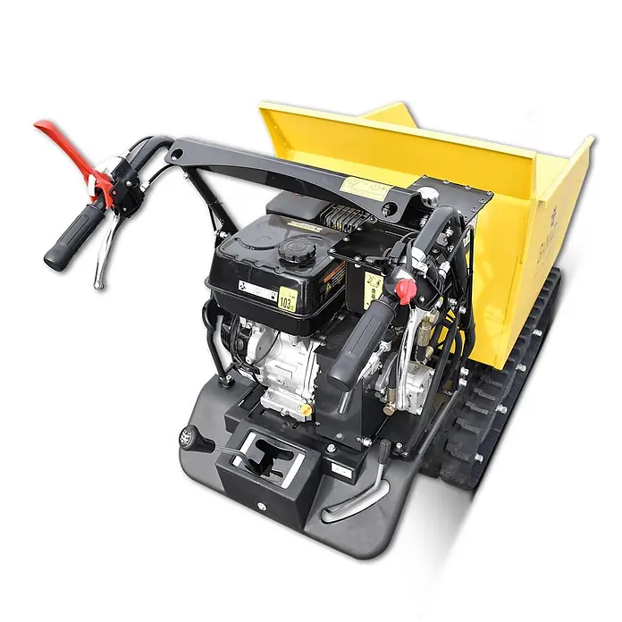 Bamato Kettendumper MTR-500PRO mit Kipphydraulik - Motorbetrieben, Fassungsvermögen: 215 l, Traglast: 500 kg - Gelbe Raupen-Motorkarre mit schwarzem Motor und Bedienelementen, rotem Hebel, zum Materialtransport.