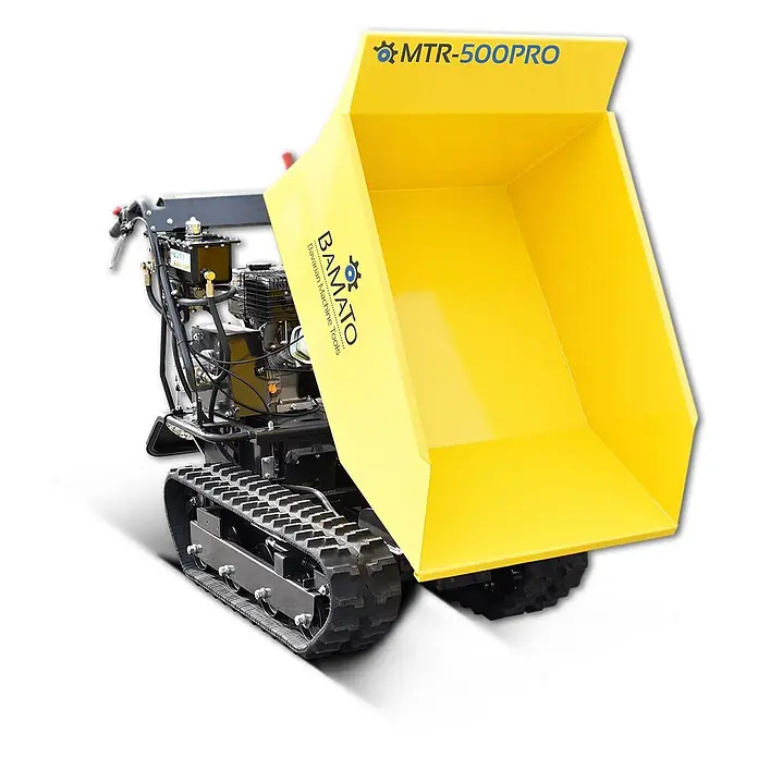 Bamato Kettendumper MTR-500PRO mit Kipphydraulik - Motorbetrieben, Fassungsvermögen: 215 l, Traglast: 500 kg - Gelber Raupen-Minidumper, eine kompakte Baumaschine mit großer Kippmulde und robusten Ketten.