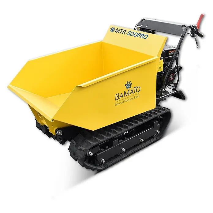 Bamato Kettendumper MTR-500PRO mit Kipphydraulik - Motorbetrieben, Fassungsvermögen: 215 l, Traglast: 500 kg - Gelbe Raupen-Motorschubkarre mit großer Kippmulde und schwarzen Ketten.