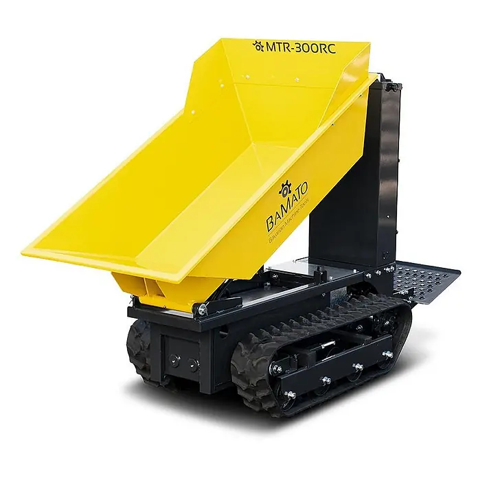 Bamato Kettendumper MTR-300RC mit Fernsteuerung - Batteriebetrieben, Traglast: 300 kg - Gelber Raupen-Minidumper mit erhöhtem Kippbehälter.