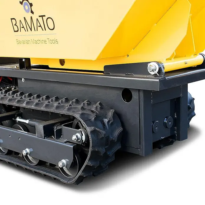 Bamato Kettendumper MTR-300RC mit Fernsteuerung - Batteriebetrieben, Traglast: 300 kg - Nahaufnahme eines gelben Minidumpers mit schwarzen Gummiketten und robustem Fahrgestell.