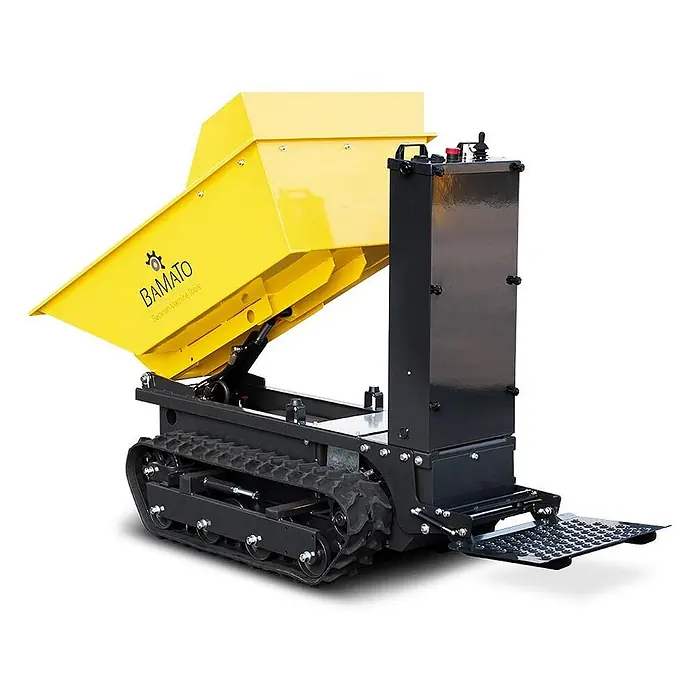 Bamato Kettendumper MTR-300RC mit Fernsteuerung - Batteriebetrieben, Traglast: 300 kg - Gelber BAMATO Raupendumper mit angehobenem Kippbehälter und Bedienfeld.