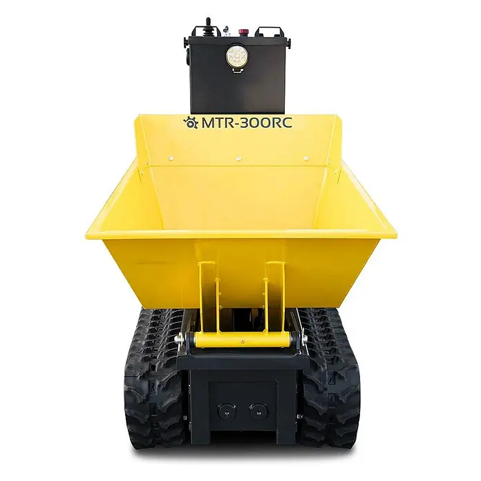 Bamato Kettendumper MTR-300RC mit Fernsteuerung - Batteriebetrieben, Traglast: 300 kg - Gelber Raupendumper mit schwarzem Unterbau und Bedienfeld, ausgestattet mit einer großen Mulde.