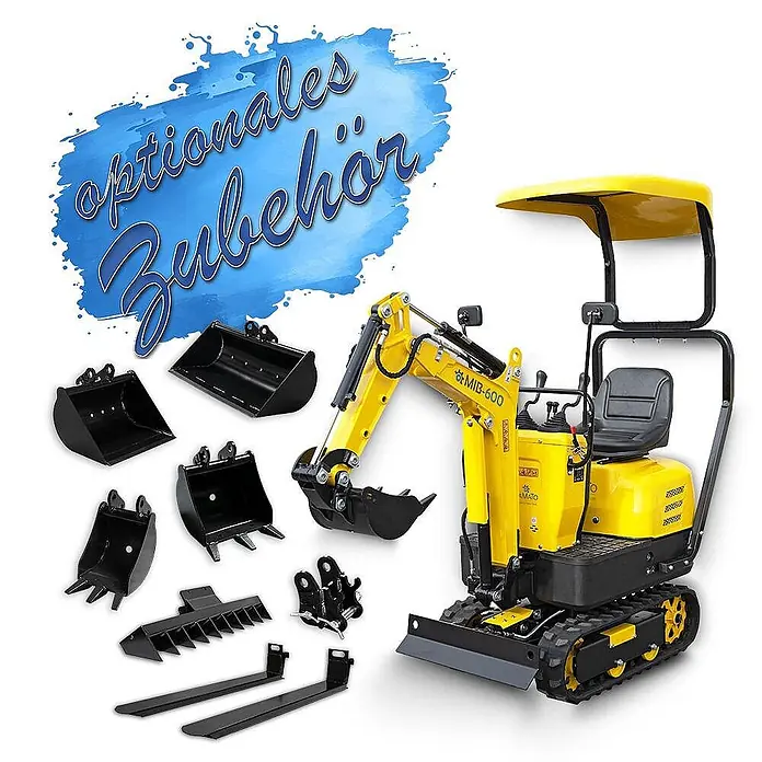 Bamato Minibagger MIB-600 - 6.300 W, Benzin, Auslegerschwenkbereich: 70 ° - Gelber Minibagger mit verschiedenen schwarzen optionalen Zubehörteilen wie Schaufeln, einem Rechen und Gabeln.