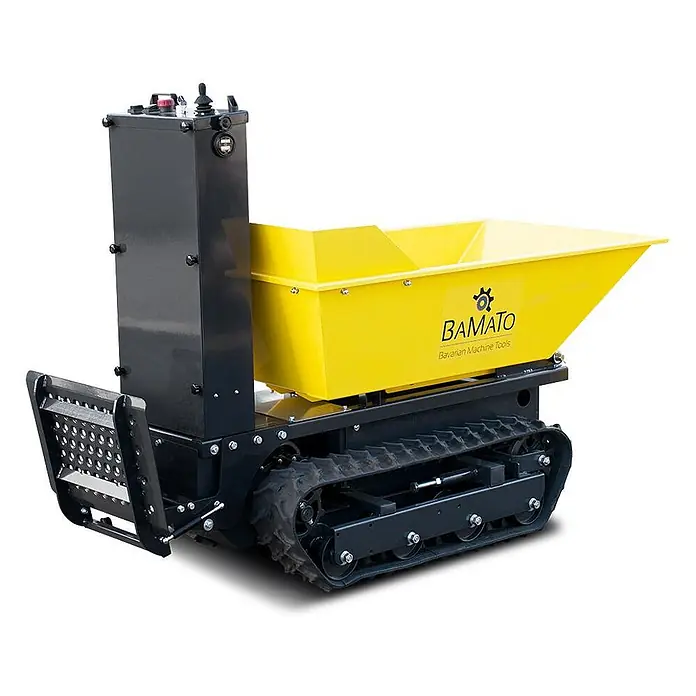 Bamato Kettendumper MTR-300RC mit Fernsteuerung - Batteriebetrieben, Traglast: 300 kg - Kompakter Raupendumper mit gelber Kippmulde und schwarzem Fahrwerk.