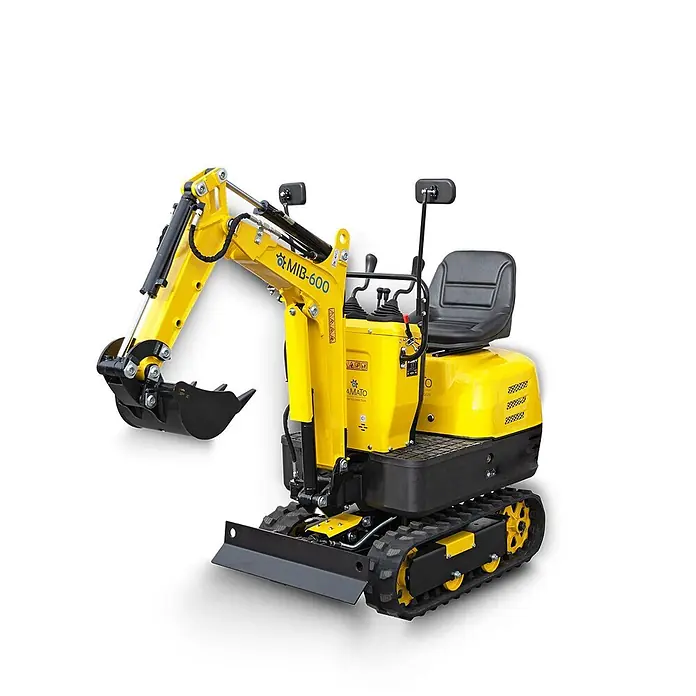 Bamato Minibagger MIB-600 - 6.300 W, Benzin, Auslegerschwenkbereich: 70 ° - Gelber und schwarzer Ketten-Minibagger mit Grabarm, Schaufel und Sitz.