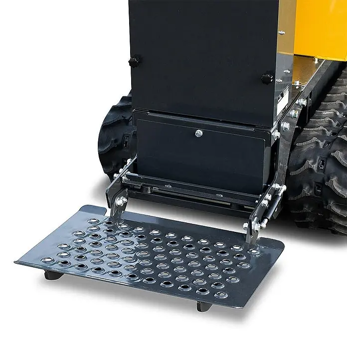 Bamato Kettendumper MTR-300RC mit Fernsteuerung - Batteriebetrieben, Traglast: 300 kg - Dunkelgraue, perforierte Metallstufe, heruntergeklappt, für eine Raupenmaschine.
