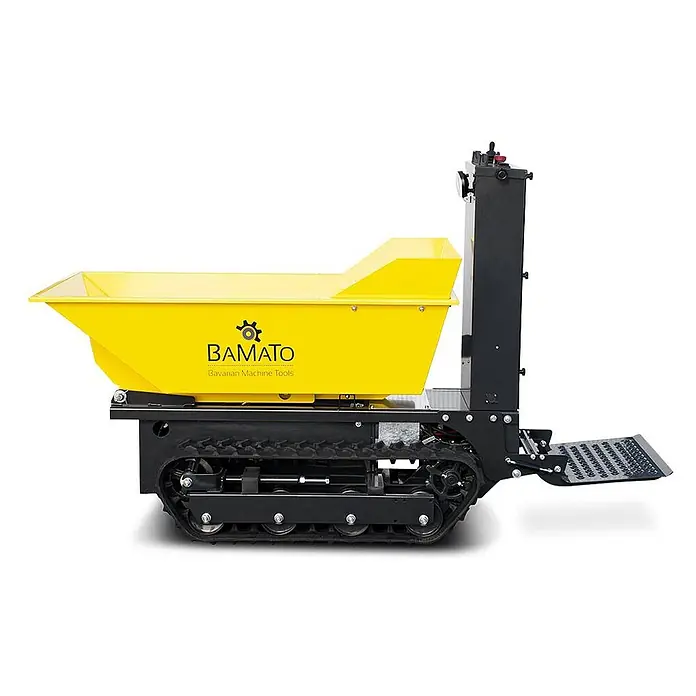 Bamato Kettendumper MTR-300RC mit Fernsteuerung - Batteriebetrieben, Traglast: 300 kg - Gelber und schwarzer Raupendumper (BAMATO) mit großer Mulde und Bedienplattform.