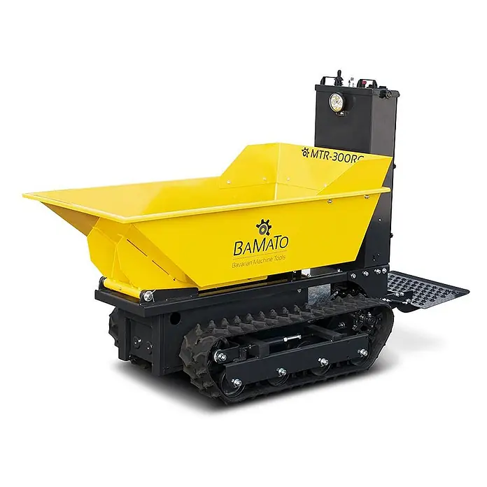 Bamato Kettendumper MTR-300RC mit Fernsteuerung - Batteriebetrieben, Traglast: 300 kg - Gelber und schwarzer Raupen-Minidumper mit großer Kippmulde für Materialtransport, mit Gummiketten.