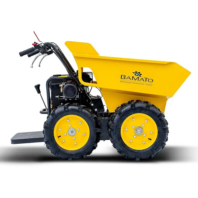 Bamato Raddumper MTR-300RH mit Allradantrieb & Kipphydraulik - Motorbetrieben, Fassungsvermögen: 185 l - Gelbe motorisierte Minidumper mit großen Stollenreifen und schwarzen Griffen zum Materialtransport.