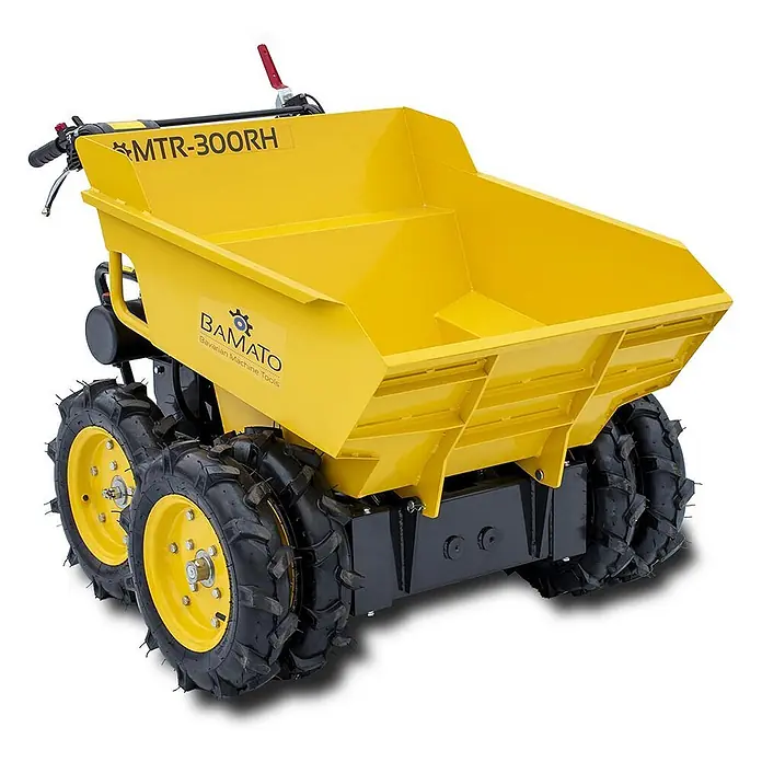 Bamato Raddumper MTR-300RH mit Allradantrieb & Kipphydraulik - Motorbetrieben, Fassungsvermögen: 185 l - Gelber motorisierter Minidumper mit großer Kippmulde und vier robusten Stollenrädern.