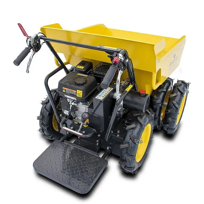 Bamato Raddumper MTR-300RH mit Allradantrieb & Kipphydraulik - Motorbetrieben, Fassungsvermögen: 185 l - Gelbe motorisierte Schubkarre mit schwarzem Motor, Bedienelementen und Trittbrett zum Materialtransport.