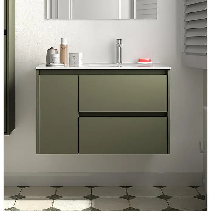 Salgar Badmöbel-Set Salgar - Gesamtbreite Badmöbel: 850 cm, Green Satin - Wandmontierter olivgrüner Badunterschrank mit integriertem Waschbecken, einer Schranktür und zwei Schubladen.