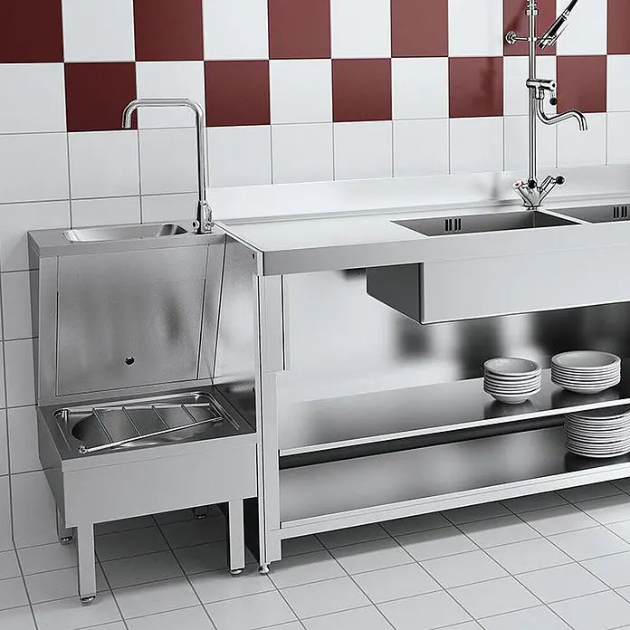 Delabie Waschbecken Delabie -  - Edelstahl-Spülbecken- und Thekenkombination für die Gastronomie mit mehreren Becken, Armaturen und Ablagen.
