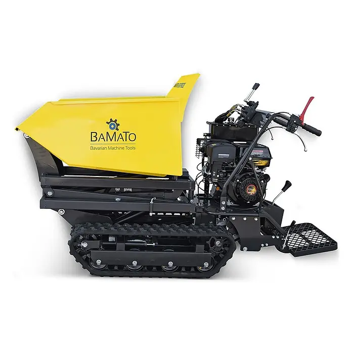 Bamato Kettendumper MTR-550PROL mit Liftfunktion - Motorbetrieben, Traglast: 500 kg - Gelber Raupen-Minidumper mit schwarzem Rahmen und Hochentleerungsfunktion.