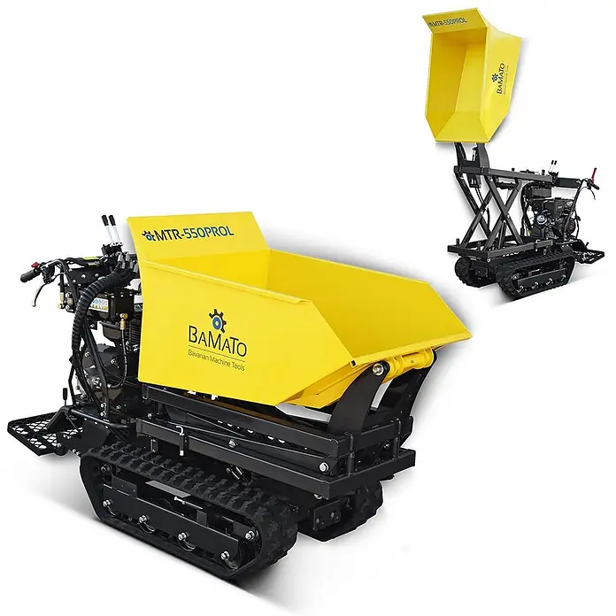 Bamato Kettendumper MTR-550PROL mit Liftfunktion - Motorbetrieben, Traglast: 500 kg - Gelbe Kettenraupe mit Kippmulde, aus zwei Perspektiven dargestellt.