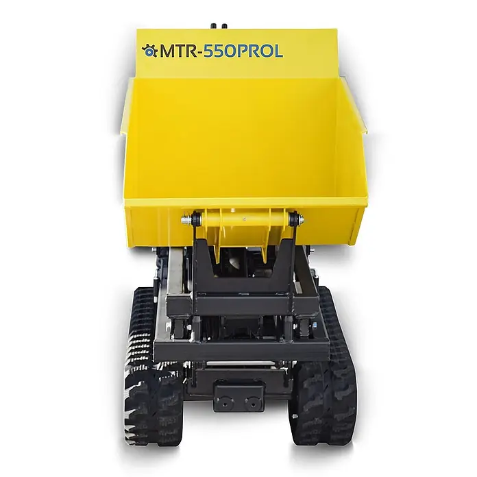 Bamato Kettendumper MTR-550PROL mit Liftfunktion - Motorbetrieben, Traglast: 500 kg - Gelber Raupendumper für Materialtransport mit schwarzem Fahrgestell und Gummiketten.