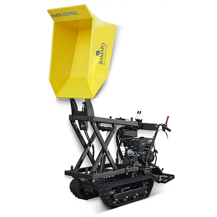 Bamato Kettendumper MTR-550PROL mit Liftfunktion - Motorbetrieben, Traglast: 500 kg - Gelber Raupendumper mit schwarzem Gestell und hydraulischem Hubmechanismus.