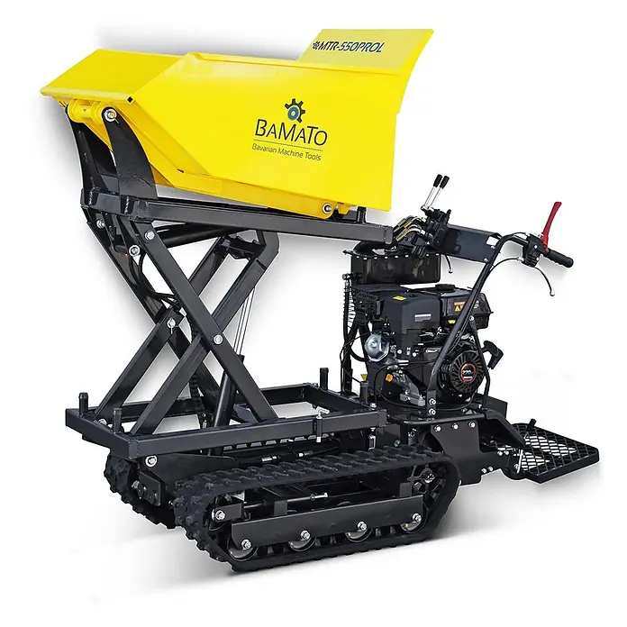 Bamato Kettendumper MTR-550PROL mit Liftfunktion - Motorbetrieben, Traglast: 500 kg - Gelber Raupen-Minidumper mit schwarzem Rahmen und Motor, mit hydraulischem Hochkipper für effizienten Materialtransport.