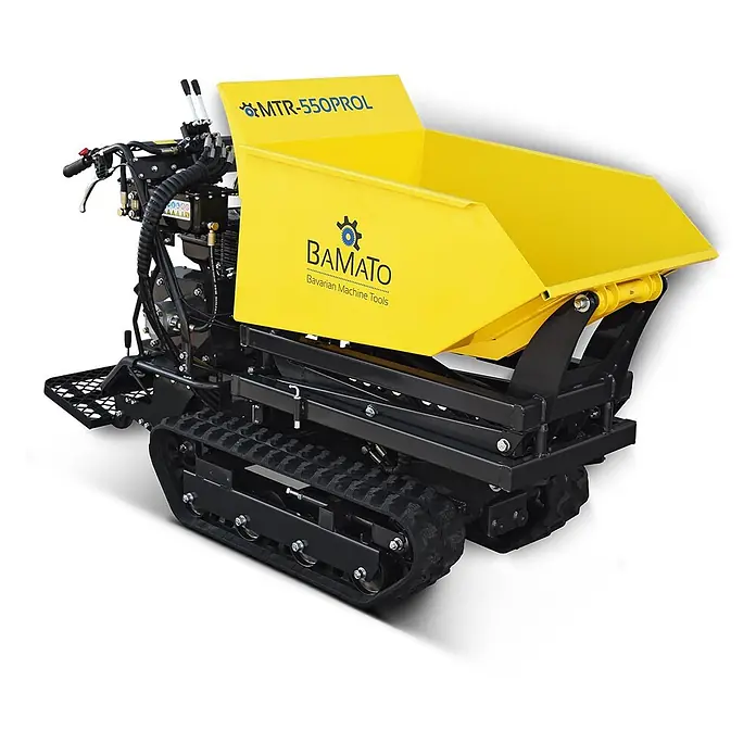 Bamato Kettendumper MTR-550PROL mit Liftfunktion - Motorbetrieben, Traglast: 500 kg - Gelber BAMATO MTR-550PROL Kettenminidumper mit schwarzem Rahmen und Kippmulde.