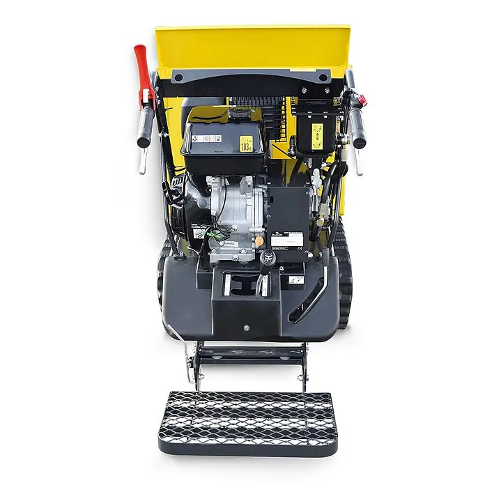 Bamato Kettendumper MTR-800PRO mit Kipphydraulik und Trittbrett - Motorbetrieben - Rückansicht eines gelb-schwarzen Minidumpers mit Motor, Bediengriffen und Fahrerplattform.