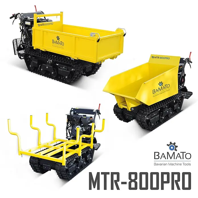 Bamato Kettendumper MTR-800PRO mit Kipphydraulik und Trittbrett - Motorbetrieben - Gelber Raupen-Minidumper/Transporter mit kippbarer Mulde und Ladefläche mit Stangenaufsatz.