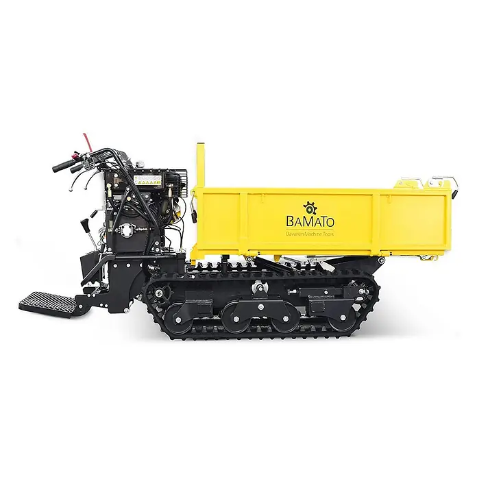 Bamato Kettendumper MTR-800PRO mit Kipphydraulik und Trittbrett - Motorbetrieben - Gelber Ketten-Minidumper mit robuster Mulde und Bedienelementen, für den Materialtransport.