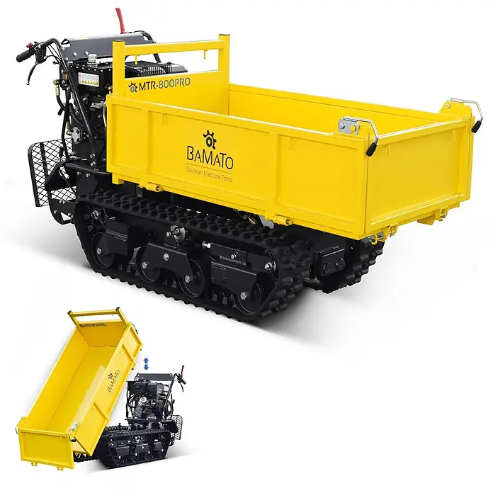 Bamato Kettendumper MTR-800PRO mit Kipphydraulik und Trittbrett - Motorbetrieben - Gelber Raupen-Minidumper mit Kippmulde, abgebildet einsatzbereit und mit gekippter Mulde.