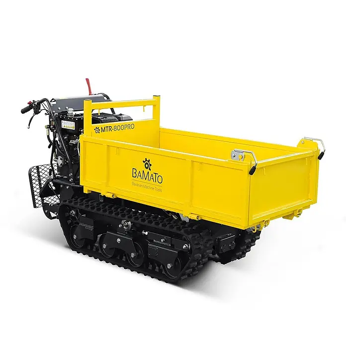 Bamato Kettendumper MTR-800PRO mit Kipphydraulik und Trittbrett - Motorbetrieben - Gelber Ketten-Minidumper mit großer Ladefläche für den Materialtransport.