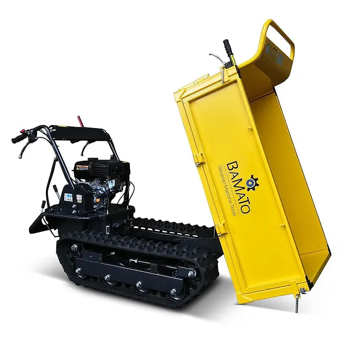 Bamato Kettendumper MTR-500 - Motorbetrieben, Fassungsvermögen: 215 l, Traglast: 500 kg - Gelber und schwarzer Raupendumper mit angehobener, kippbarer Ladepritsche.