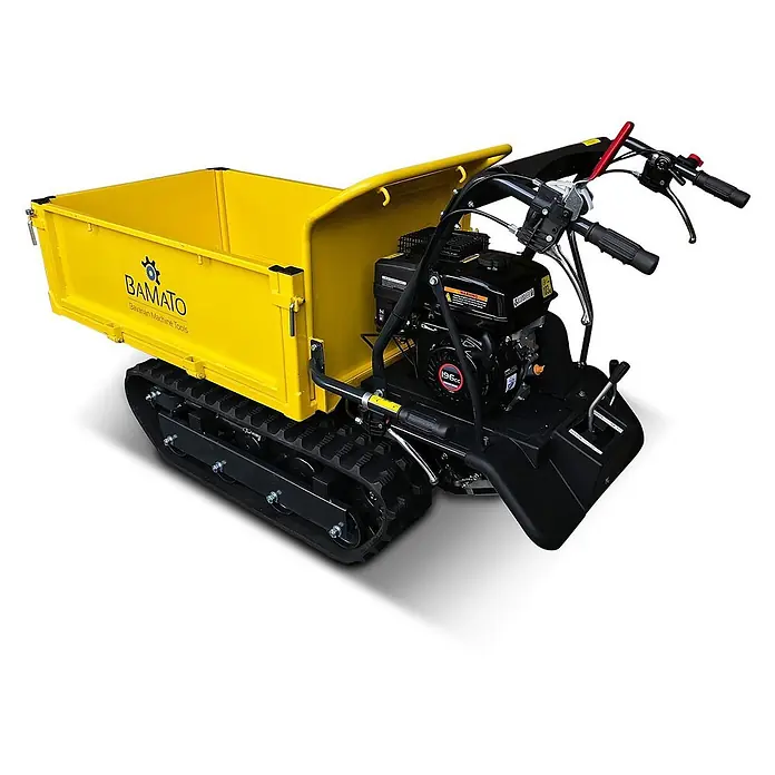 Bamato Kettendumper MTR-500 - Motorbetrieben, Fassungsvermögen: 215 l, Traglast: 500 kg - Gelber Raupendumper mit schwarzem Motor und Bedienelementen. Eine robuste motorisierte Schubkarre für den Materialtransport.