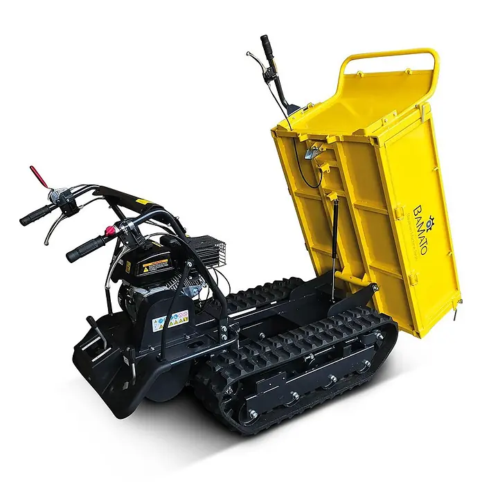 Bamato Kettendumper MTR-500 - Motorbetrieben, Fassungsvermögen: 215 l, Traglast: 500 kg - Gelbe und schwarze Raupendumper mit angekippter Ladefläche zum Entleeren.