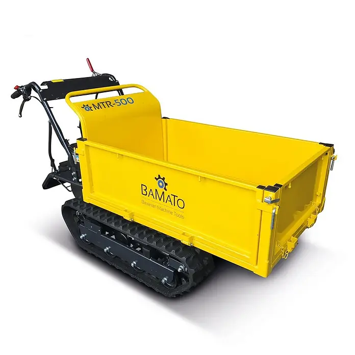 Bamato Kettendumper MTR-500 - Motorbetrieben, Fassungsvermögen: 215 l, Traglast: 500 kg - Gelber Ketten-Minidumper mit offener Mulde für Materialtransport.