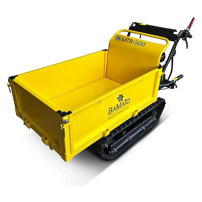Bamato Kettendumper MTR-500 - Motorbetrieben, Fassungsvermögen: 215 l, Traglast: 500 kg - Gelbe Raupen-Motorschubkarre, BAMATO MTR-500, mit Ladefläche.
