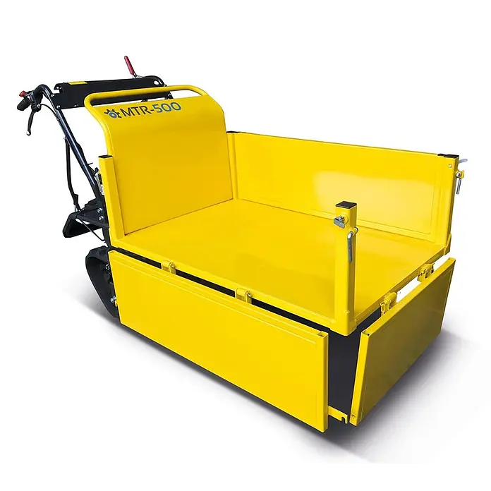 Bamato Kettendumper MTR-500 - Motorbetrieben, Fassungsvermögen: 215 l, Traglast: 500 kg - Leuchtend gelbe MTR-500 Raupen-Motorbühne mit offener Ladefläche und stabilen Griffen für den Materialtransport.