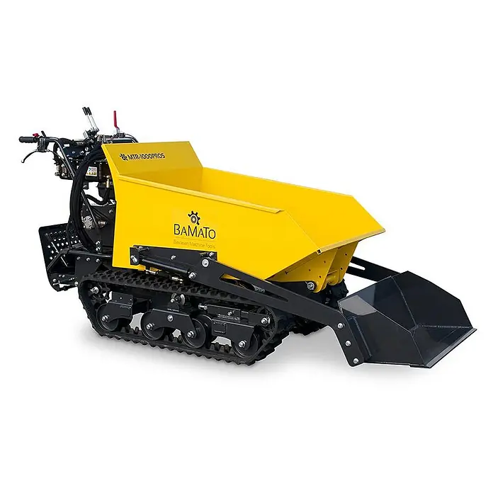 Bamato Kettendumper MTR-1000PROS mit Kipphydraulik & Selbstladeeinrichtung - Motorbetrieben, Traglast: 1.000 kg - Gelber und schwarzer Raupen-Minidumper mit Frontladeschaufel.