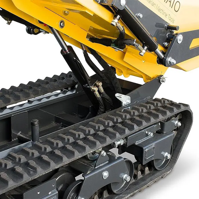 Bamato Kettendumper MTR-1000PROS mit Kipphydraulik & Selbstladeeinrichtung - Motorbetrieben, Traglast: 1.000 kg - Gelber Kippbehälter und schwarze Hydraulikzylinder auf einem dunkelgrauen Raupenfahrwerk einer Kompaktmaschine.