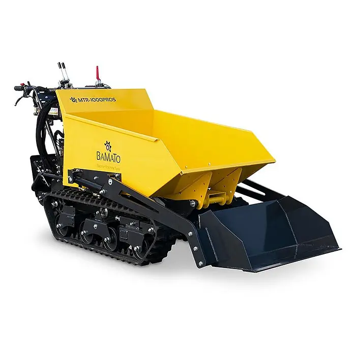 Bamato Kettendumper MTR-1000PROS mit Kipphydraulik & Selbstladeeinrichtung - Motorbetrieben, Traglast: 1.000 kg - Gelbe Raupen-Motorschubkarre mit schwarzer Frontladeschaufel, für Materialtransport.