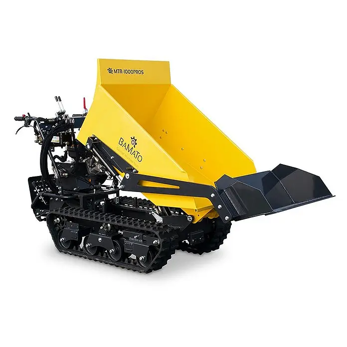 Bamato Kettendumper MTR-1000PROS mit Kipphydraulik & Selbstladeeinrichtung - Motorbetrieben, Traglast: 1.000 kg - Gelber Raupendumper mit schwarzer Selbstladeschaufel zum Materialtransport.