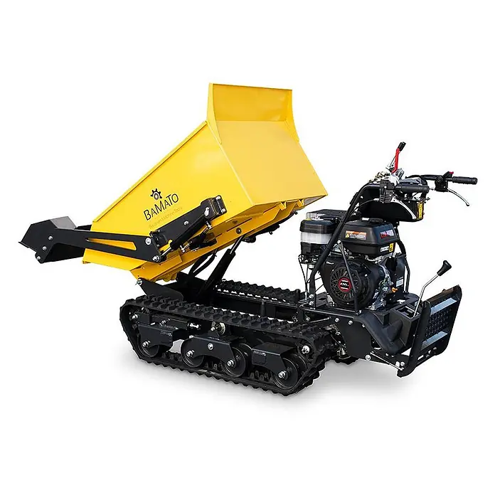 Bamato Kettendumper MTR-1000PROS mit Kipphydraulik & Selbstladeeinrichtung - Motorbetrieben, Traglast: 1.000 kg - Gelber Ketten-Motorkarren mit schwarzem Motor, robustem Fahrwerk und gekippter Mulde.