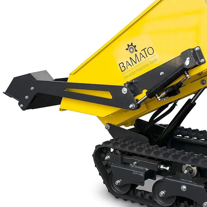 Bamato Kettendumper MTR-1000PROS mit Kipphydraulik & Selbstladeeinrichtung - Motorbetrieben, Traglast: 1.000 kg - Gelber Kettenminidumper mit schwarzen Gummiketten, hydraulischer Hebefunktion und schwarzem Frontschaufelaufsatz.