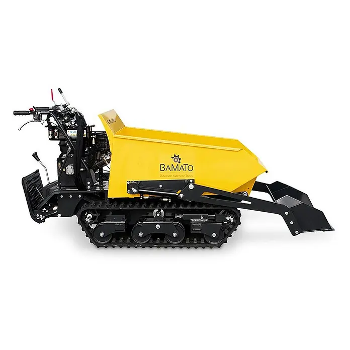 Bamato Kettendumper MTR-1000PROS mit Kipphydraulik & Selbstladeeinrichtung - Motorbetrieben, Traglast: 1.000 kg - Gelber Raupen-Motorkarren mit schwarzem Rahmen und Frontmulde, zum Materialtransport in unwegsamem Gelände.