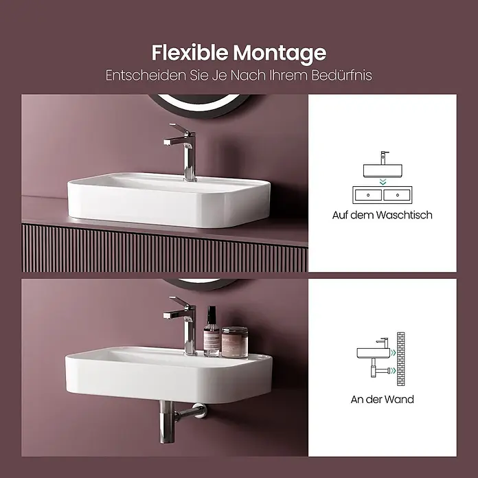 Emke Waschbecken Ceraform CB02 - Hahnloch: Mitte, Ohne Überlauf, Weiß - Weißes rechteckiges Keramikwaschbecken mit Chromarmatur, auf einem Waschtisch und wandhängend für flexible Montage gezeigt.