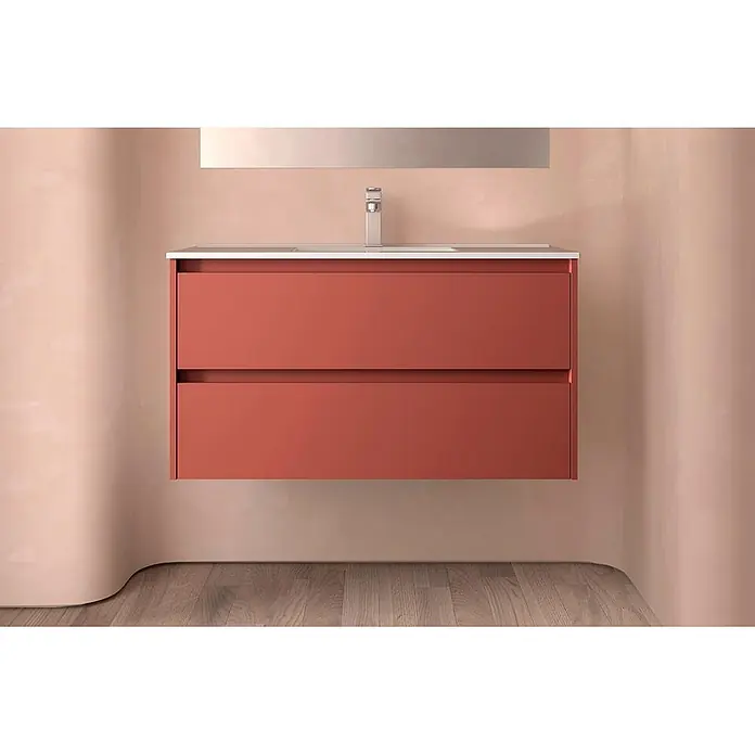 Salgar Badmöbel-Set Salgar - Gesamtbreite Badmöbel: 4,5 cm, Red Satin - Wandhängender, rot-oranger Badezimmerschrank mit zwei Schubladen, integriertem weißen Waschbecken und silbernem Wasserhahn.