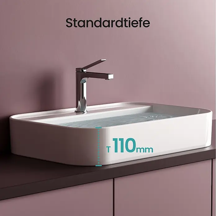 Emke Waschbecken Ceraform CB02 - Hahnloch: Mitte, Ohne Überlauf, Weiß - Weißes rechteckiges Keramikwaschbecken mit Chromarmatur, 110mm Standardtiefe.