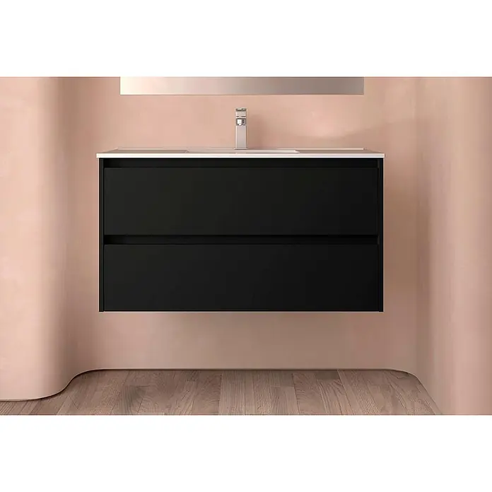 Salgar Badmöbel-Set Salgar - Gesamtbreite Badmöbel: 4,5 cm, Schwarz - Schwarzer wandmontierter Waschtisch mit zwei Schubladen, weißer Arbeitsplatte und silbernem Wasserhahn in einem modernen Badezimmer.