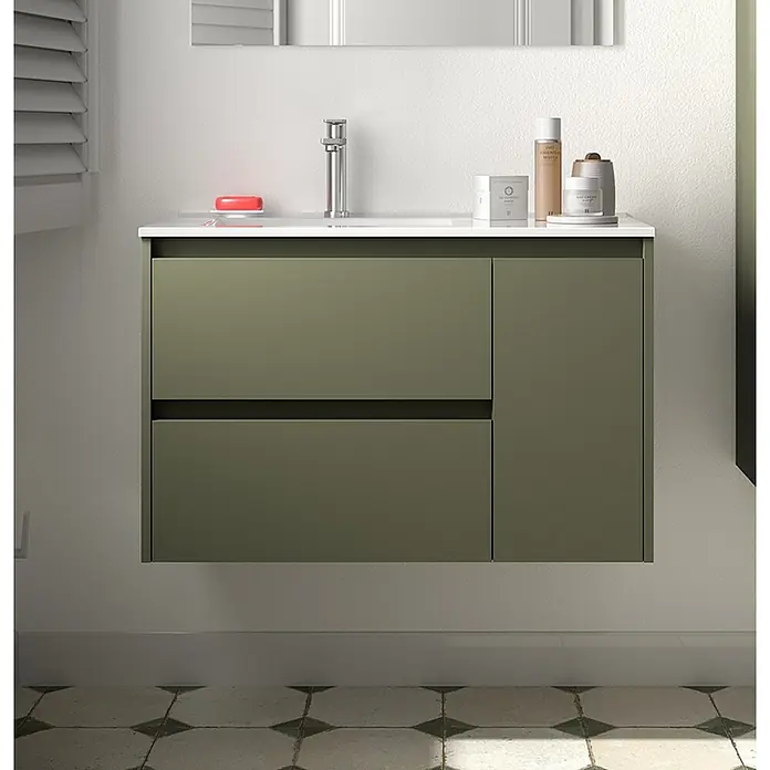 Salgar Badmöbel-Set Salgar - Gesamtbreite Badmöbel: 850 cm, Green Satin - Olivgrüner wandmontierter Badezimmerschrank mit integriertem Waschbecken, zwei Schubladen und einem Schrank.